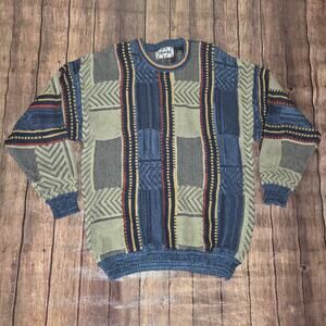 Vintage XX Stat Sweater L Beige Crew Neck Grandpa Cozy 90s Coogi Style Geometric